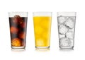 Cola soda drink with lemonade and orange soda with ice cubes and bubbles on white background Royalty Free Stock Photo