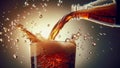cola soft drink flowing from two cups into glasses, with the stream of liquid creating an arc Royalty Free Stock Photo