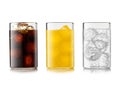 Cola soft drink with orange and lemonade soda with ice cubes and bubbles on white background Royalty Free Stock Photo