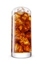 Cola soft drink in a transparent glass with ice cubes Isolated on white. Wide angle lens Royalty Free Stock Photo
