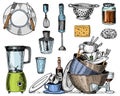 Colander, blender and juicer, dirty dishes, jam and sponge for washing. Chef and dirty kitchen utensils, cooking stuff