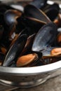 Colander with delicious cooked mussels, closeup view