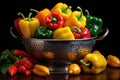 a colander filled with colorful bell peppers