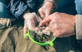 Colander with microplastics on the beach Royalty Free Stock Photo