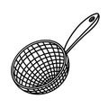 Colander vector icon. Hand-drawn illustration isolated on white background. Metal sieve with a handle for sifting flour, sugar