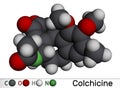 Colchicine molecule. It is alkaloid with anti-gout and anti-inflammatory activities, used in the symptomatic relief of pain.