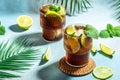 Cold alcohol drink with rum, cola, mint and lime in the glass Cuba Libre. top view. place for text Royalty Free Stock Photo