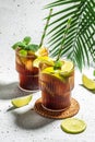 Cold alcohol drink with rum, cola, mint and lime in the glass Cuba Libre. top view. place for text Royalty Free Stock Photo