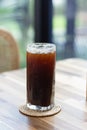 Cold americano in glass on coaster