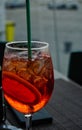 Cold Aperol Spritz on a clearglass