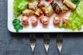 Cold appetizers, canapes and rolls of fish, eggplant and ham, decorated with fresh herbs Royalty Free Stock Photo