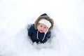Cold Baby in Winter Snowsuit in Snow Royalty Free Stock Photo
