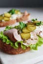 Cold baked pork, pickle and lettuce with remoulade danish tartar sauce Smorrebrod