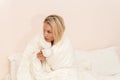 Cold beauty blanket coffee cell bed spa copyspace care hotel, concept lady white for young and wellness caucasian Royalty Free Stock Photo