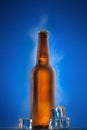 Cold beer bottle with drops on blue Royalty Free Stock Photo