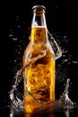 Cold beer in a bottle and water splash. Generative Ai image Royalty Free Stock Photo