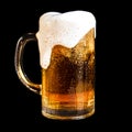 Cold beer with foam in a mug, black isolated background with blank space for a logo or text. Stock Photo mug of cold foamy beer Royalty Free Stock Photo