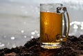 Cold beer glass on a cliif, shiny sea background Royalty Free Stock Photo