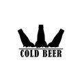 Cold beer logo. Set of beer bottles with ice cubes. Black silhouette with inscription. Vector picture on white background.