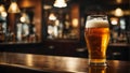 Cold beer pour in glass from crane in pub background. Ai Generated Royalty Free Stock Photo