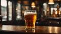 Cold beer pour in glass from crane in pub background. Ai Generated Royalty Free Stock Photo