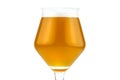 Cold beer in a Teku tasting glass filled to full with foam, drops of water on glass, isolated on a white background with a clippin