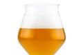 Cold beer in a Teku tasting glass half filled, drops of water on glass and foam, isolated on a white background with a clipping pa Royalty Free Stock Photo