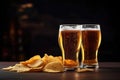 Cold beer in two glasses and a bowl of potato chips on a dark wooden background Royalty Free Stock Photo