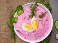 Cold beet soup with egg - traditional Belorussian, Latvian, Lithuanian, Polish, Russian and Ukrainian soup made with chard or Royalty Free Stock Photo