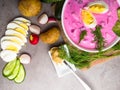 Cold beet soup with egg - traditional Belorussian, Latvian, Lithuanian, Polish, Russian and Ukrainian soup made with chard or Royalty Free Stock Photo