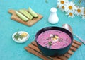 Cold beet soup with green onions, cucumber and dill on kefir or buttermilk in a black bowl on a turquoise background. Served with Royalty Free Stock Photo