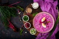 Cold beetroot beet soup on yogurt with egg