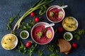 Cold beetroot soup with vegetables on dark grey table. Traditional Ukrainian Russian Polish beet soup. Royalty Free Stock Photo