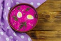 Cold beetroot soup on wooden table. Top view Royalty Free Stock Photo