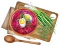 Cold beetroot soup with yogurt, egg and dill watercolor