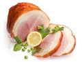 Cold boiled pork decorated with lemon and pea