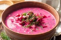 Cold borscht or Holodnik, traditional summer beet soup in ceramic bowl on wooden background Royalty Free Stock Photo