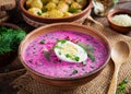 Cold borscht, summer beet soup with fresh cucumber, boiled egg and baked potatoes