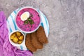Cold borscht on wooden background. Cold beet soup. Top view Royalty Free Stock Photo