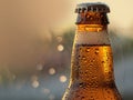 A cold bottle of beer up close, with condensation glistening on its surface, captured with a standard scale Royalty Free Stock Photo