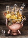 Cold bottles of beer in the brazen bucket. Royalty Free Stock Photo