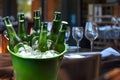Cold bottles of beer in bucket with ice in restaurant setting Royalty Free Stock Photo