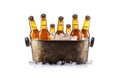 Cold bottles of beer with condensation droplets in the metal bucket with ice isolated on white background Royalty Free Stock Photo