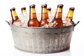 Cold bottles of beer with condensation droplets in the metal bucket with ice isolated on white background Royalty Free Stock Photo