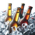 cold bottles of beer in ice isolated on solid white background. ai generative Royalty Free Stock Photo