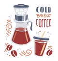 Cold brew coffee. Trendy flat illustration of a take away cup and pour over coffee maker.