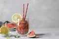 Cold Bright Watermelon Mojito cocktail with mint, lemon slices and drinking straw on light gray background with place Royalty Free Stock Photo