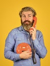 Cold Calling Scripts. Outdated technology. Manager phone dialog communication. Answering machine. Bearded hipster man Royalty Free Stock Photo