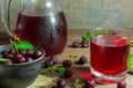 Cold cherry juice in a glass and pitcher on wooden table