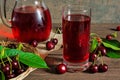 Cold cherry juice in a glass and pitcher on wooden table